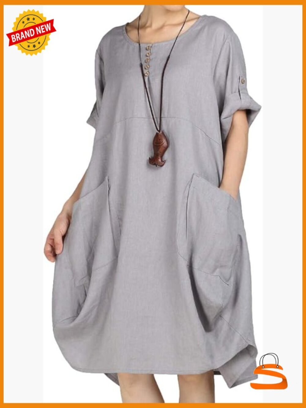 Women's Plus Size Cotton Linen Tunic Dress Knee-Length Shift